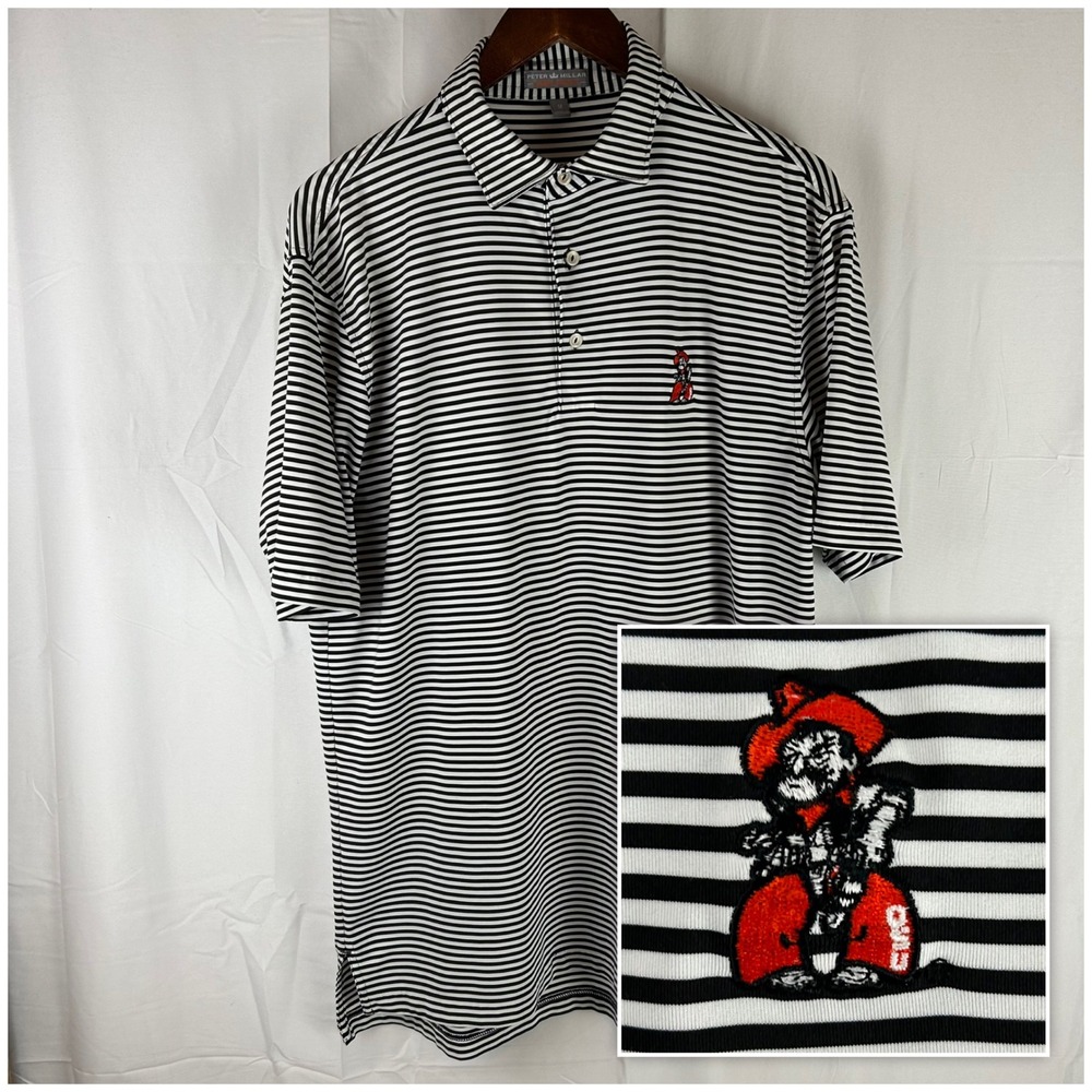 Peter Millar Black and White Striped Polo with Red Mascot Embroidery